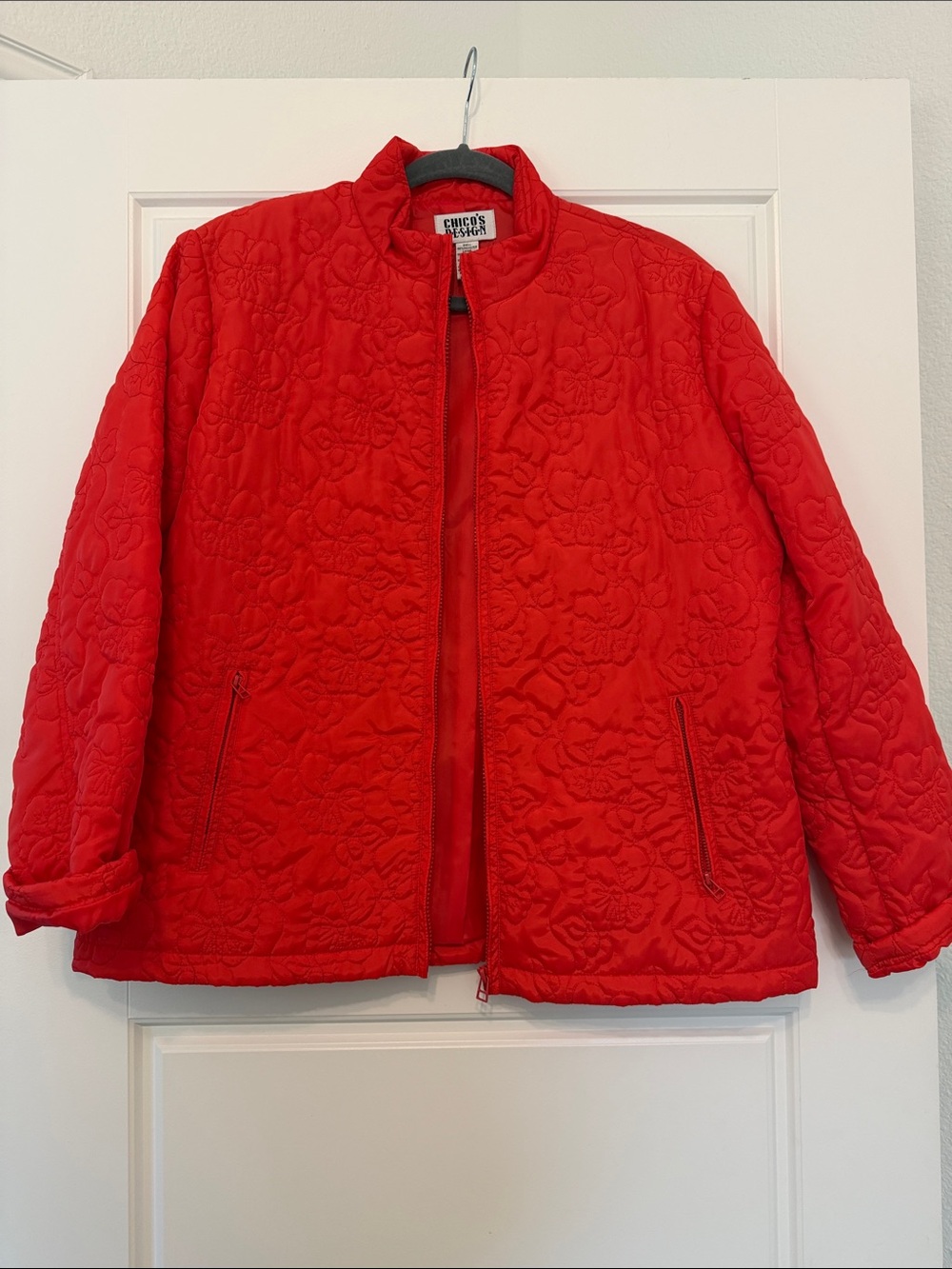 Chico's Bright Red Quilted Floral-Texture Puffer Jacket